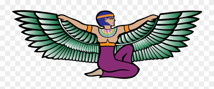 Winged Egyptian figure with green wings, purple attire, and traditional headdress, depicted in a stylized illustration.