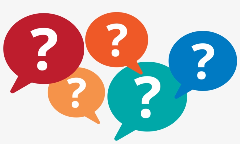 Five colorful speech bubbles with white question marks, symbolizing inquiry and discussion.