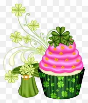 Pink St. Patrick's Day cupcake with green shamrock frosting and clover-decorated wrapper, beside a green leprechaun hat with shamrocks.