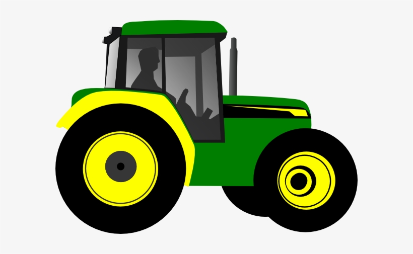 Green and yellow farm tractor with driver silhouette, side view illustration.
