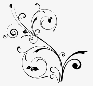 Elegant black-and-white floral vine swirl design with leaves and flourishes on white background.