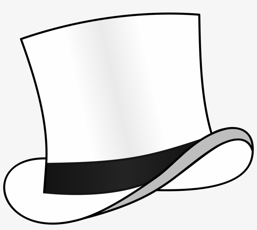 Classic white top hat with black band and gray ribbon, stylized line drawing.