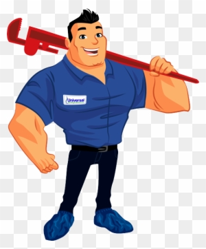 Smiling plumber in blue uniform holding red pipe wrench over shoulder, ready for service.