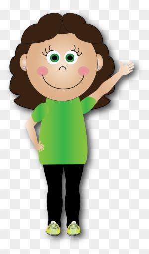 Smiling cartoon girl with brown curly hair, green shirt, waving hand.