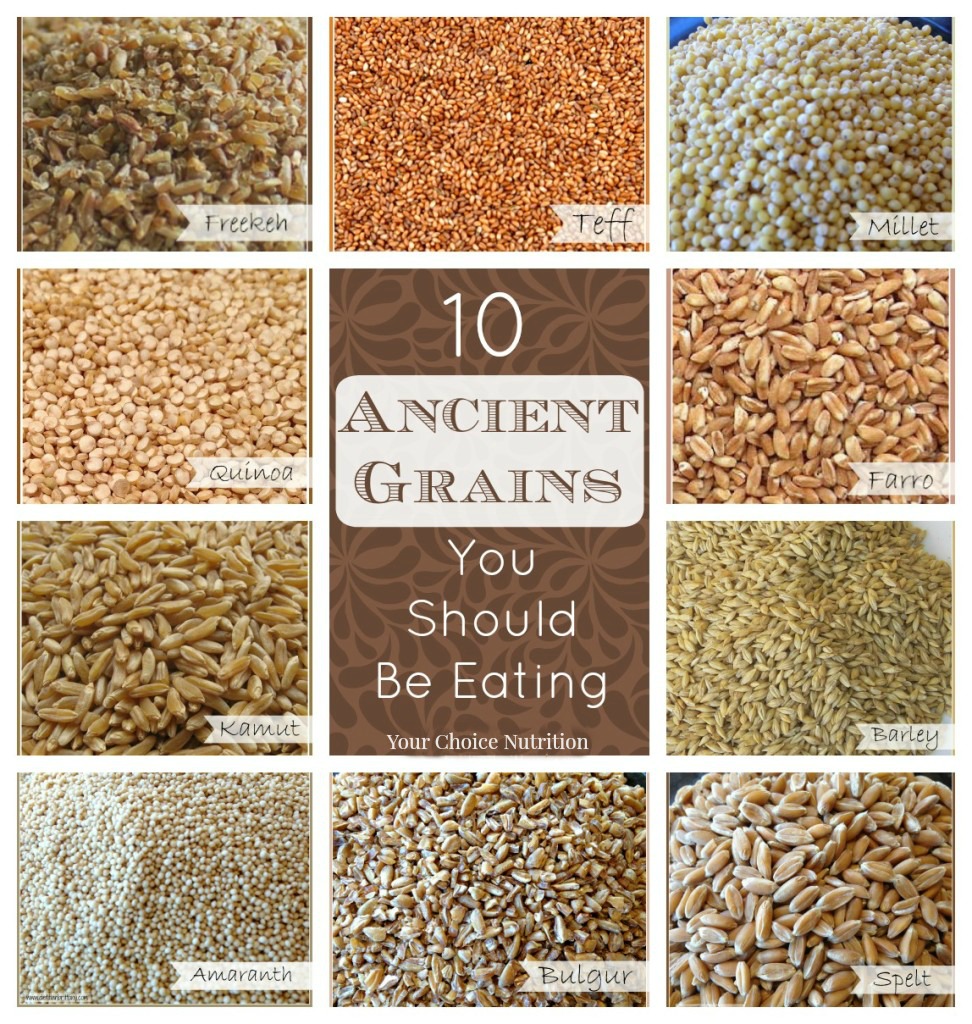 A collage of 10 ancient grains including freekeh, teff, millet, quinoa, farro, kamut, barley, amaranth, bulgur, and spelt, labeled for identification.