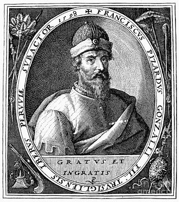 Engraved portrait of Francisco Pizarro, 16th-century Spanish conquistador, wearing a helmet and cloak, surrounded by Latin inscription.