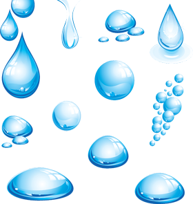 Collection of glossy blue water droplets and bubbles in various shapes on a black background.