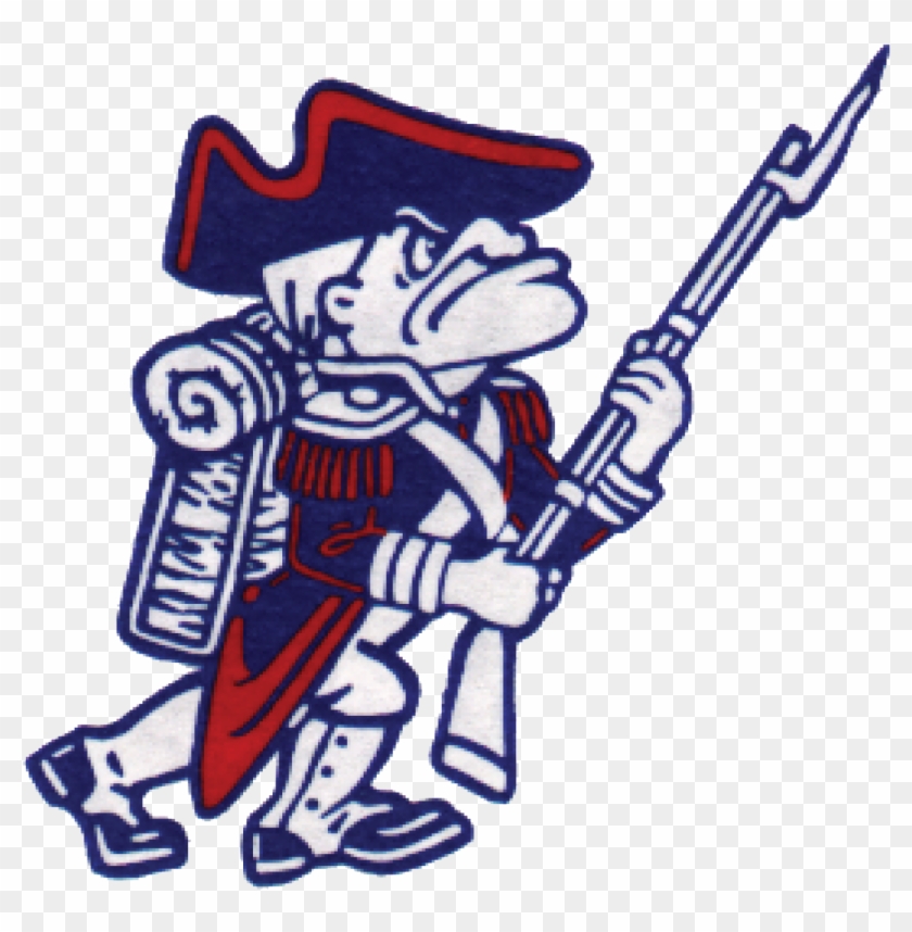 Colonial minuteman mascot in blue, red, and white holding a musket with bayonet, wearing tricorn hat and satchel.