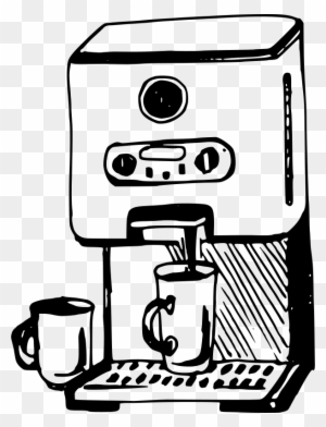 Black-and-white line drawing of a drip coffee maker pouring into a mug, with a second mug beside it.