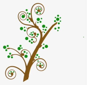 Stylized brown tree with swirling branches and green dot leaves on white background.