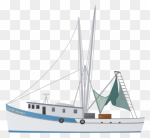 White and blue fishing trawler with green net, mast rigging, and ladder on deck.