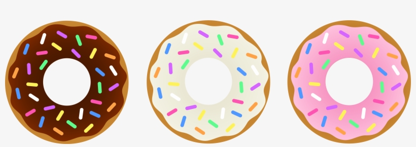 Three colorful donuts with chocolate, vanilla, and pink frosting and rainbow sprinkles on a white background.