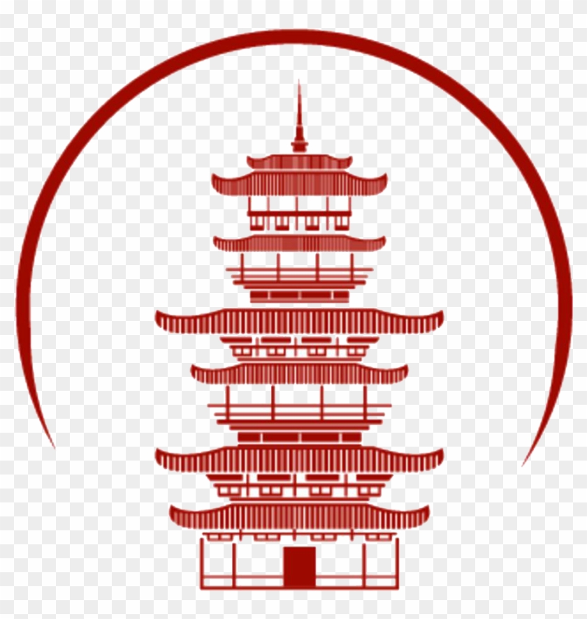 Red stylized multi-tiered East Asian pagoda enclosed in a circular arc, symbolizing tradition and spirituality.
