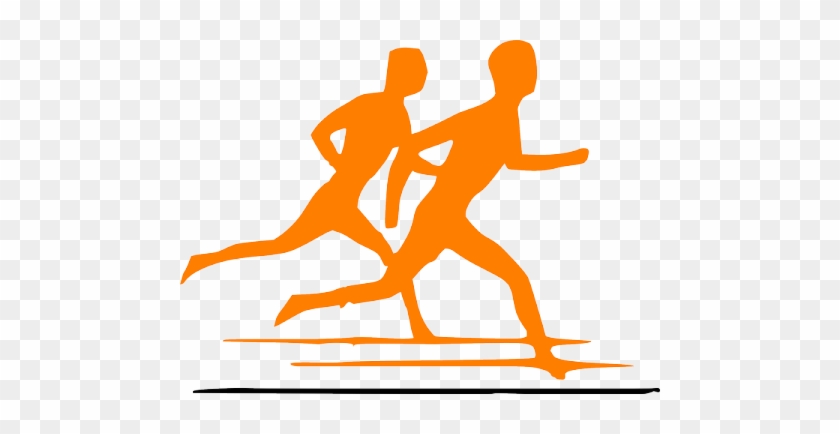 Orange silhouette of two runners in motion on a track, conveying speed and competition.