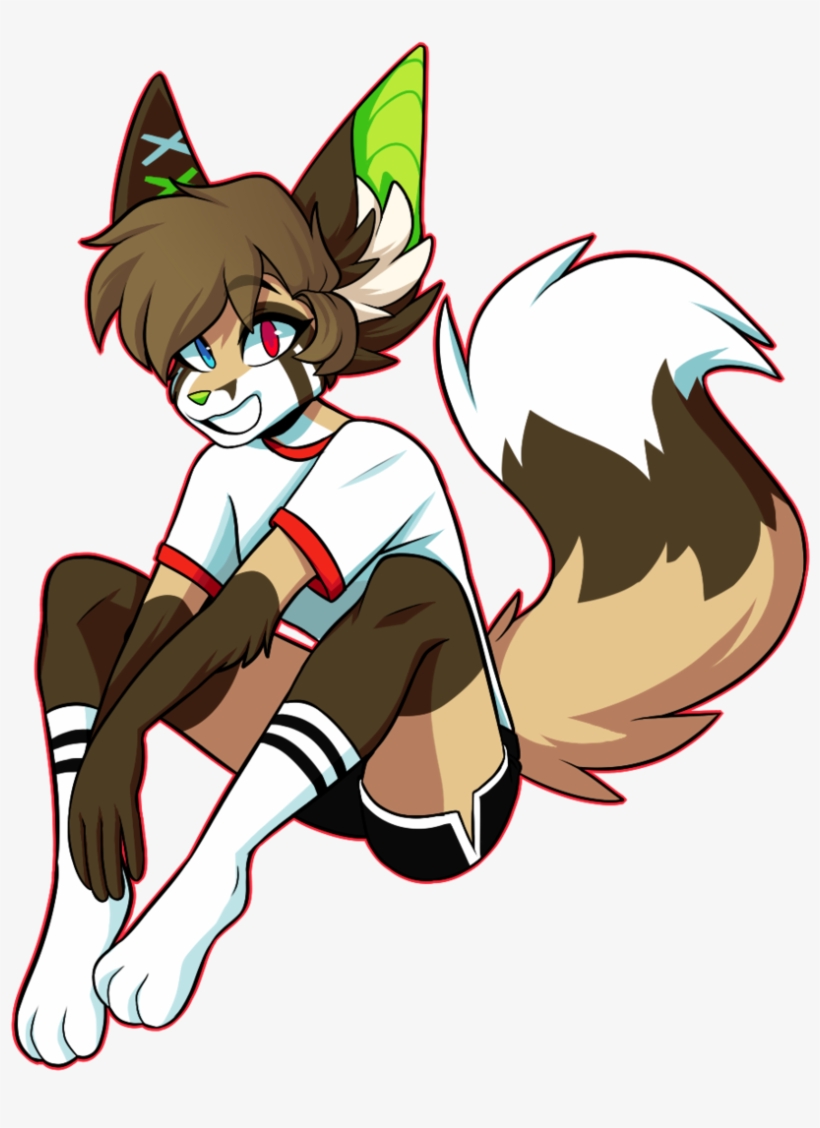 Anthropomorphic fox character with heterochromatic eyes, green-tipped ears, and sporty outfit, sitting playfully.