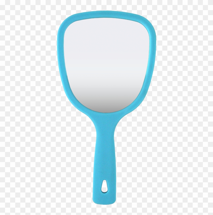 Blue handheld mirror with rounded rectangular frame and ergonomic handle featuring a finger loop.