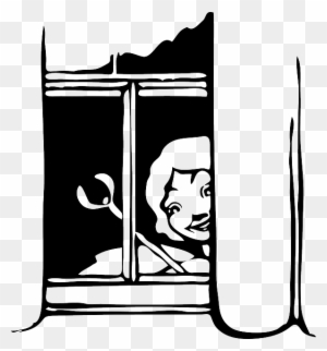A vintage-style black-and-white illustration of a smiling woman peeking through a broken window, holding a wrench.