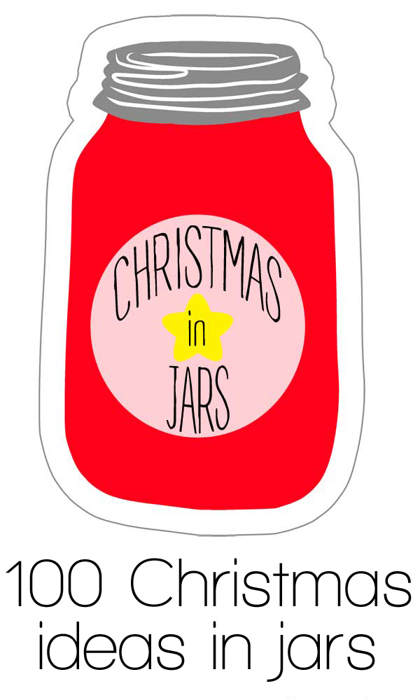 Red mason jar labeled "Christmas in Jars" with yellow star, promoting 100 holiday gift ideas in jars.
