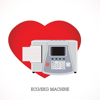 ECG/EKG machine with printed rhythm strip in front of a red heart symbol, illustrating cardiac monitoring.