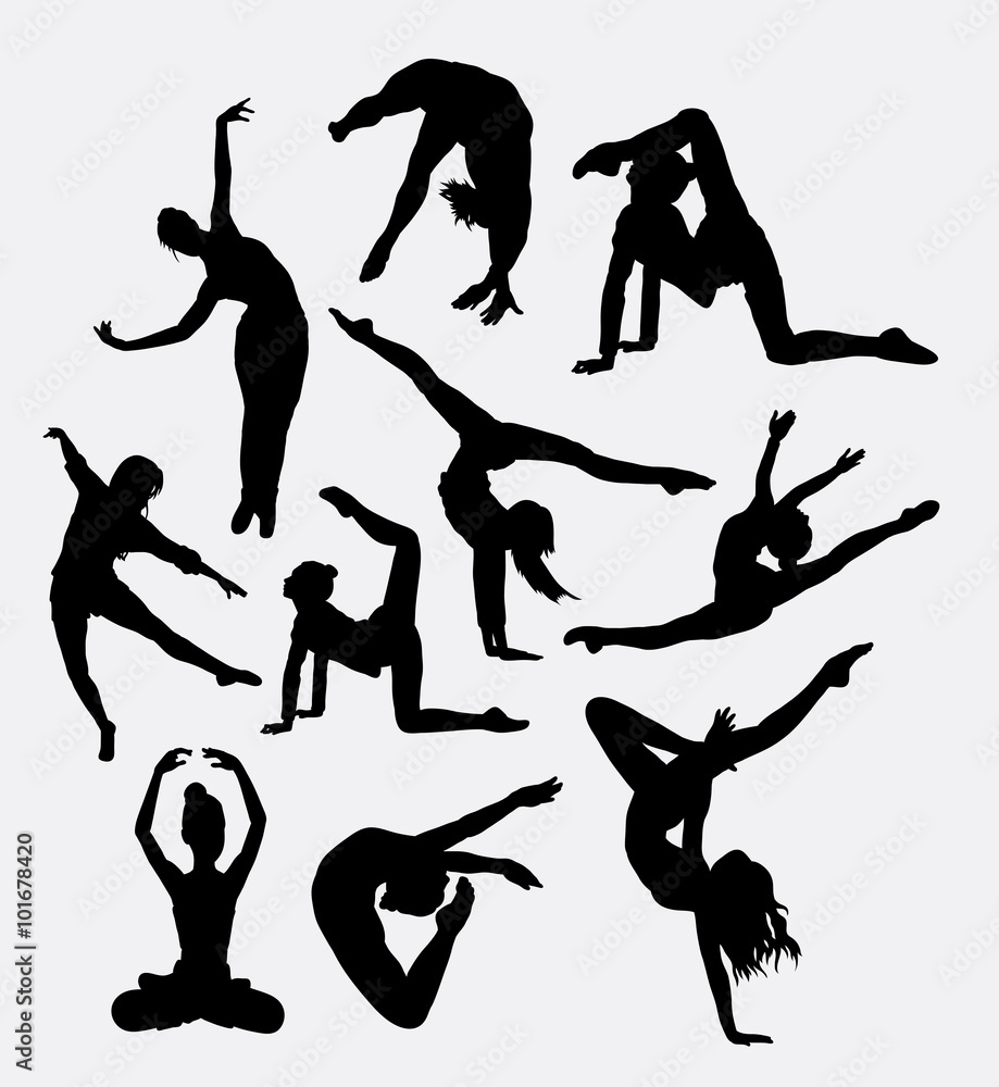 Silhouettes of dancers and gymnasts in dynamic poses showcasing flexibility, strength, and grace.