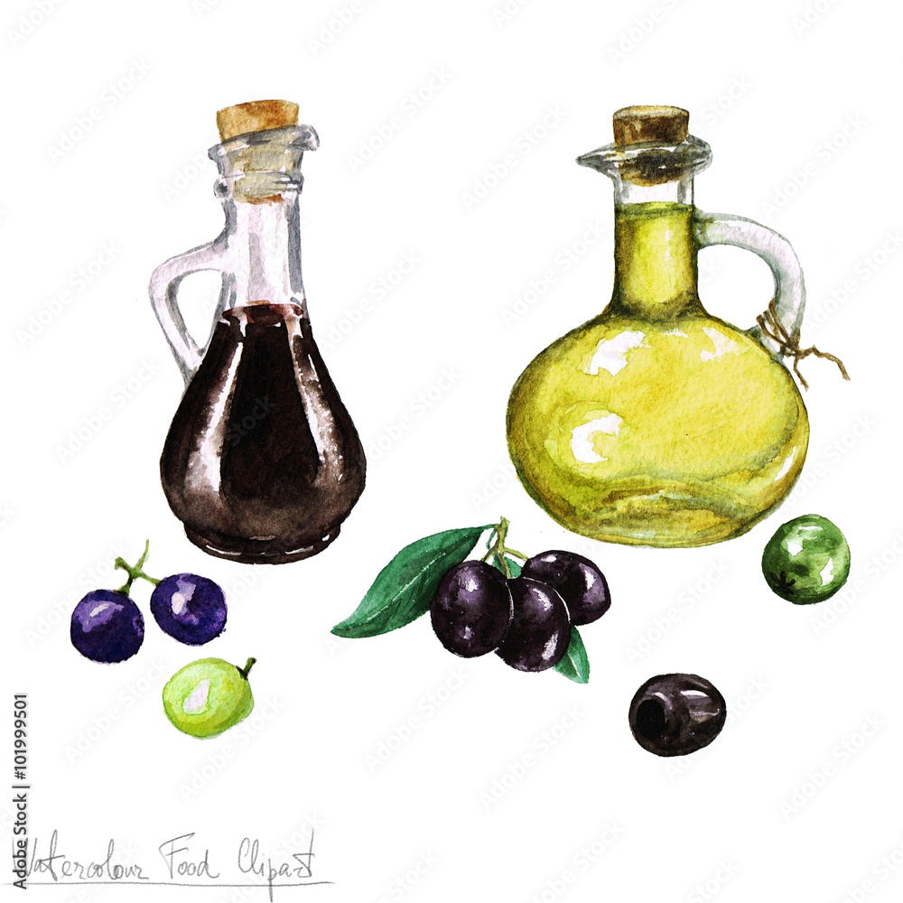 Watercolor illustration of olive oil and balsamic vinegar in glass cruets with fresh black and green olives.