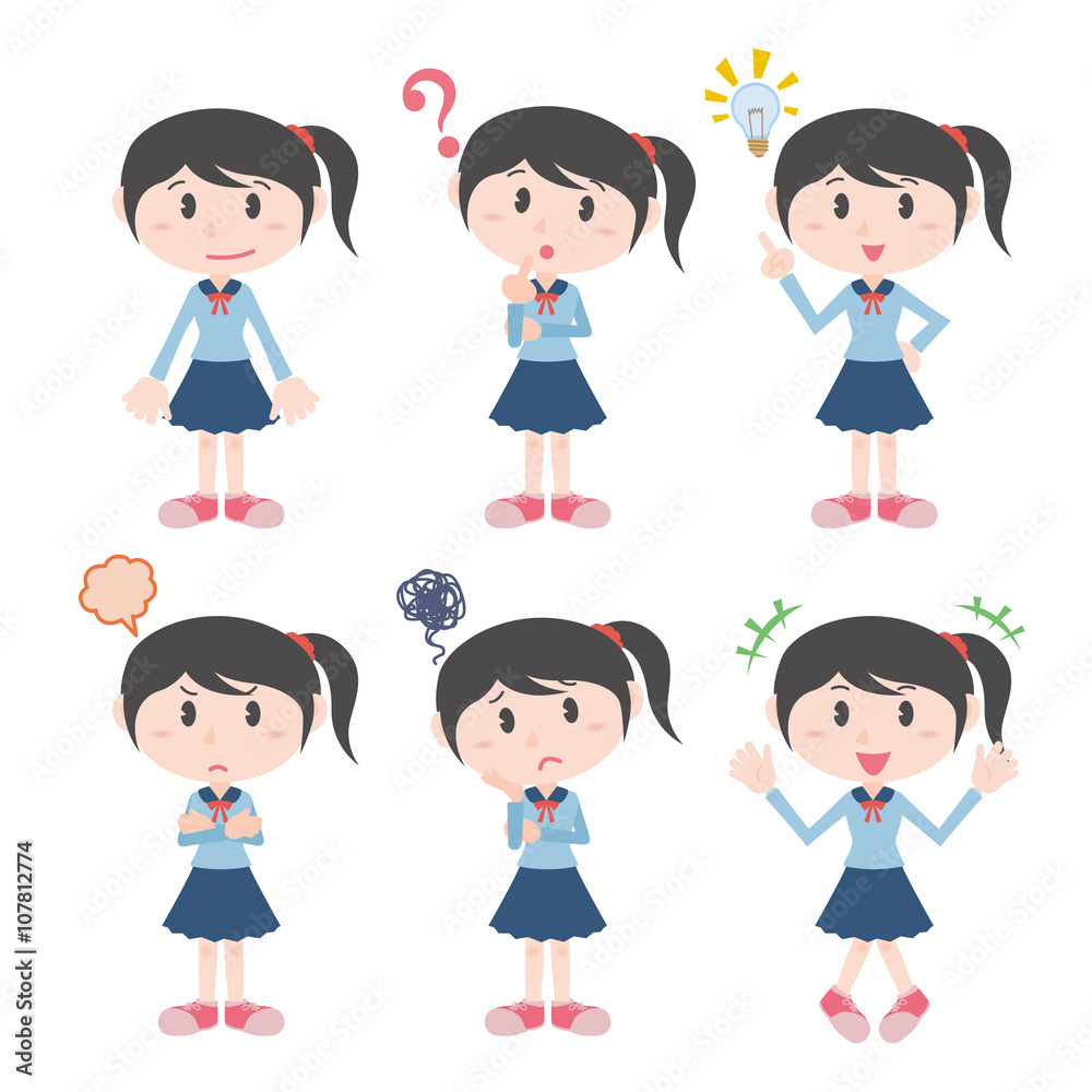 Six expressions of a schoolgirl: neutral, thinking, idea, angry, confused, excited-showing emotional states for educational or design use.