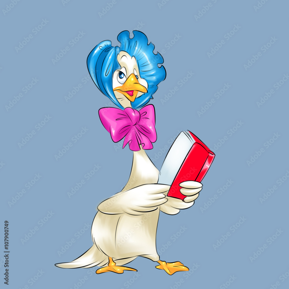 A stylish cartoon duck with blue hair and a pink bow reads a red book against a light blue background.