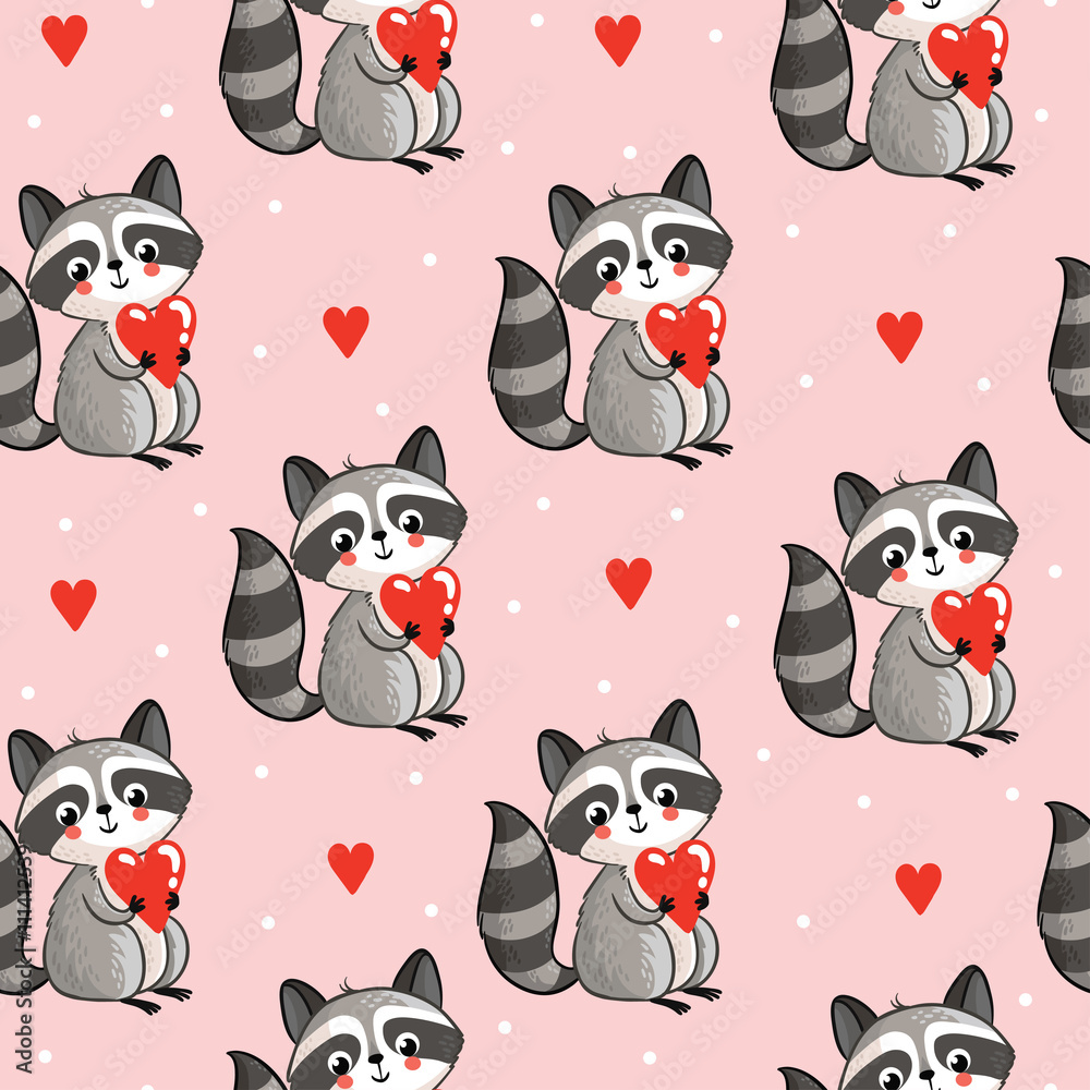 Cute cartoon raccoons holding red hearts on pink background with scattered hearts and dots.