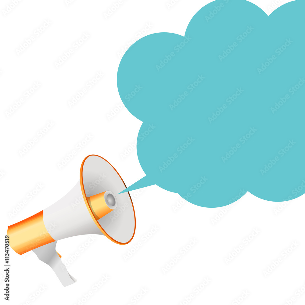 White and orange megaphone emitting a blue speech bubble, symbolizing announcement or communication.