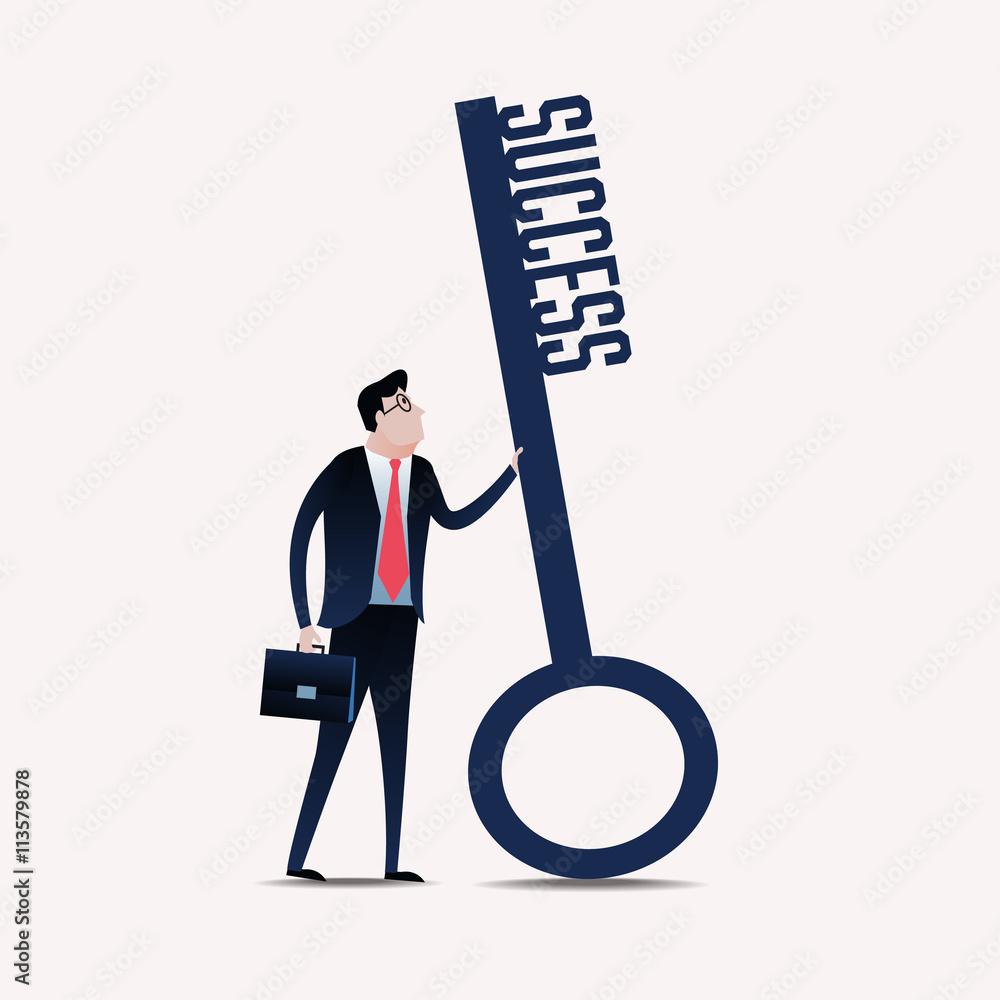 Businessman holding a giant key labeled "SUCCESS" while carrying a briefcase.