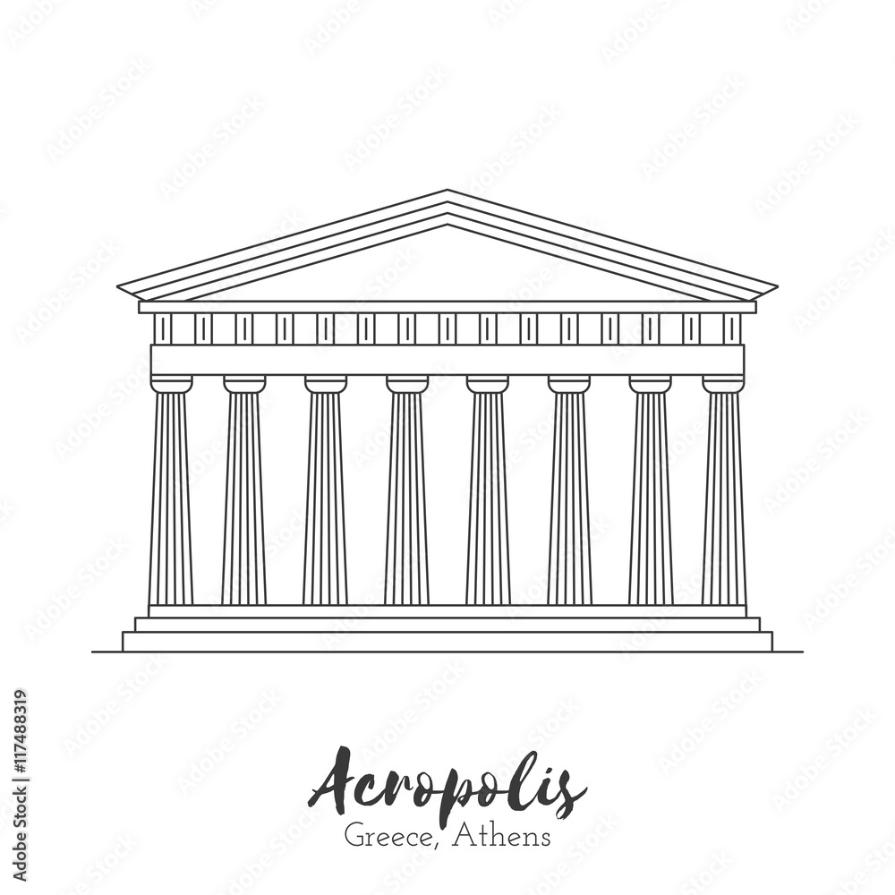 Line drawing of a classical Greek temple with Doric columns and pediment, labeled "Acropolis, Greece, Athens".