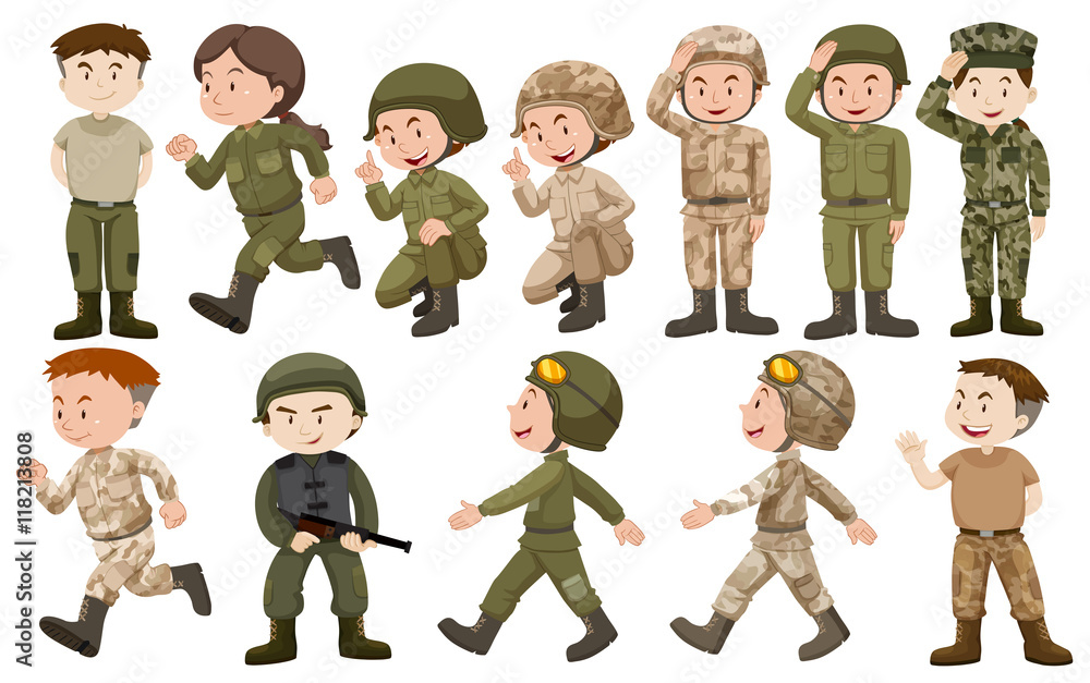 Cartoon soldiers in various uniforms and poses-running, saluting, holding weapons-depicting diverse military roles and expressions.