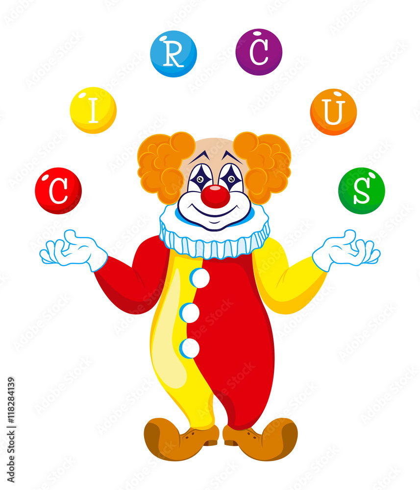 Cheerful clown juggling colorful balls with letters R, C, I, U, S, forming "CIRCUS".