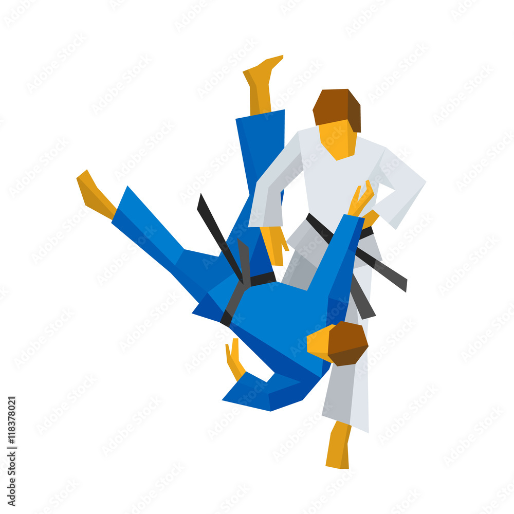 Two judo practitioners in action-one in white gi executing a throw on opponent in blue gi-stylized low-poly vector illustration.