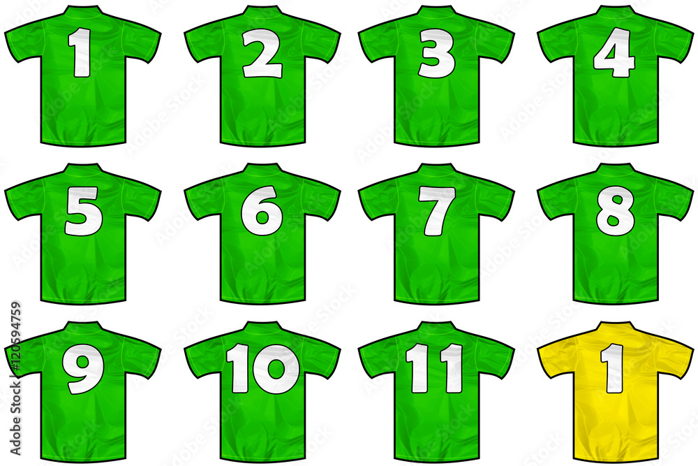 Twelve soccer jerseys numbered 1-11 in green, plus a yellow number 1 goalkeeper jersey, displayed in a grid layout.
