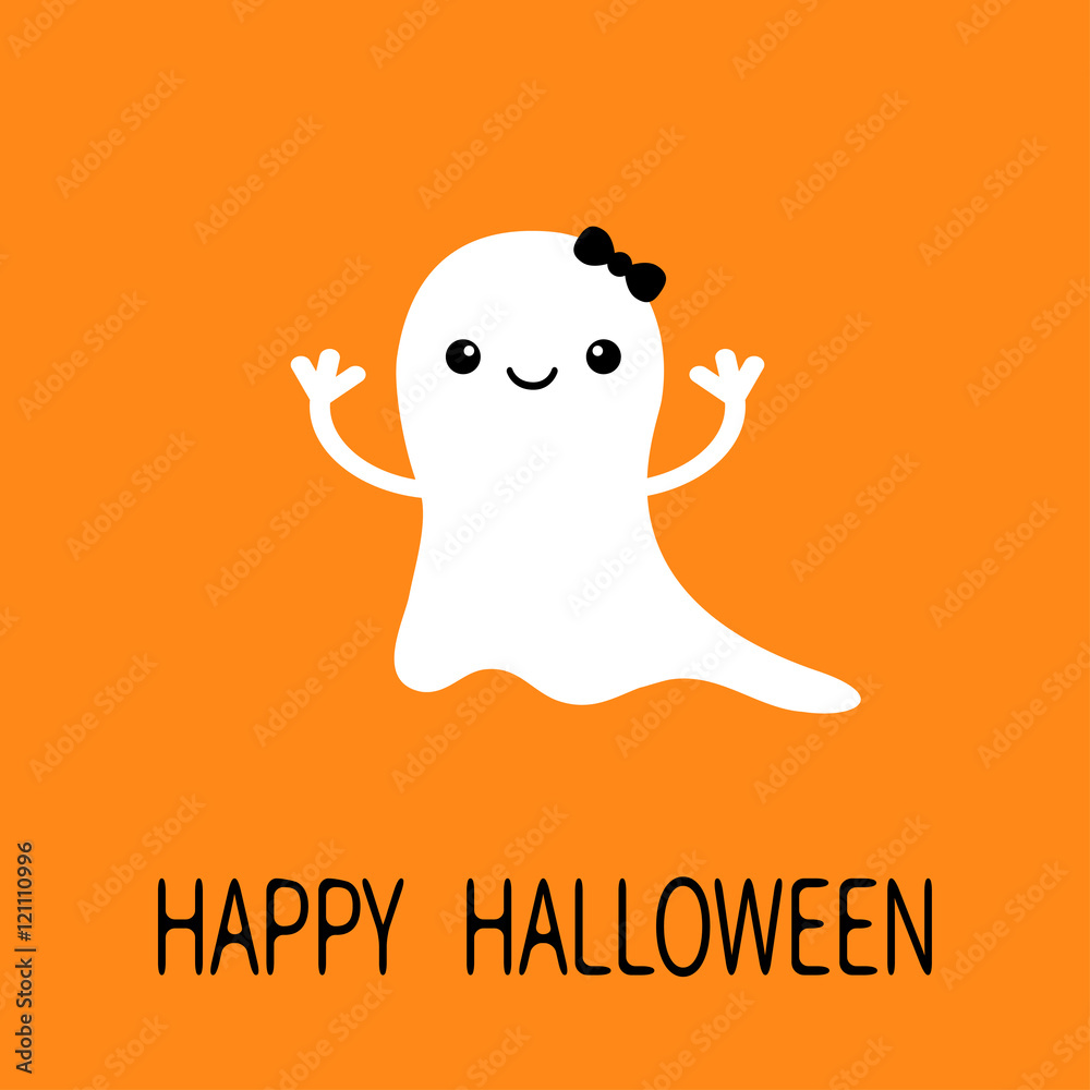 Cute white ghost with black bow waving on orange background, "Happy Halloween" text below.