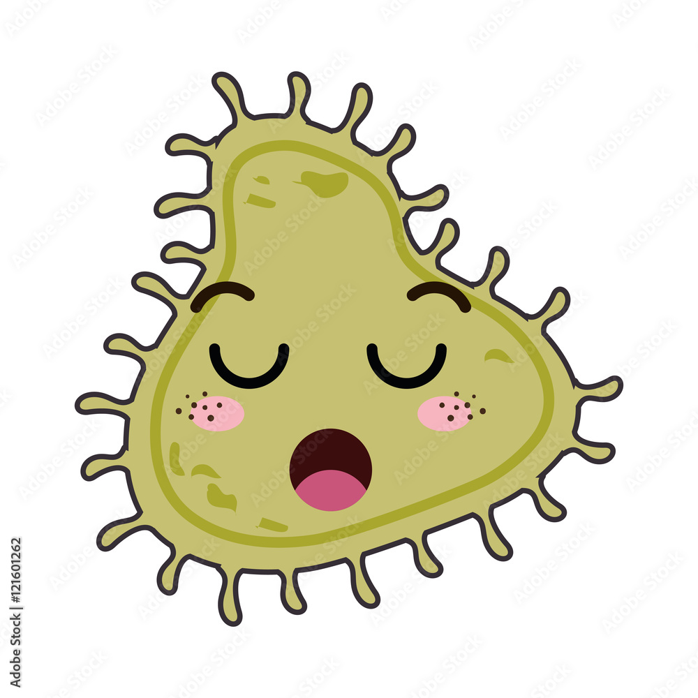 Cute cartoon virus with closed eyes, blushing cheeks, and open mouth, styled in kawaii illustration.