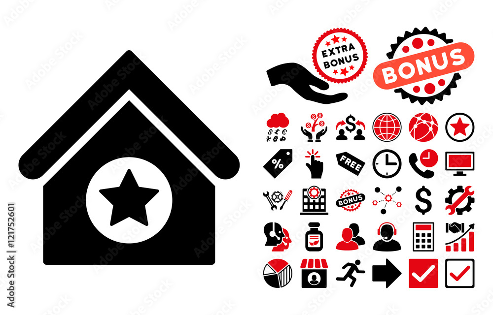 Black house icon with star inside, alongside bonus-related icons including seals, money symbols, and business tools.