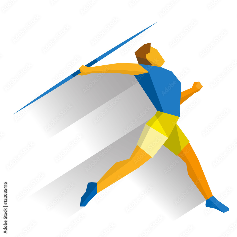 Stylized low-poly athlete throwing a javelin in dynamic motion, wearing blue top and yellow shorts.