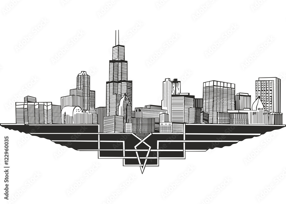 Chicago Skyline Illustration with Underground Infrastructure - Vector Art