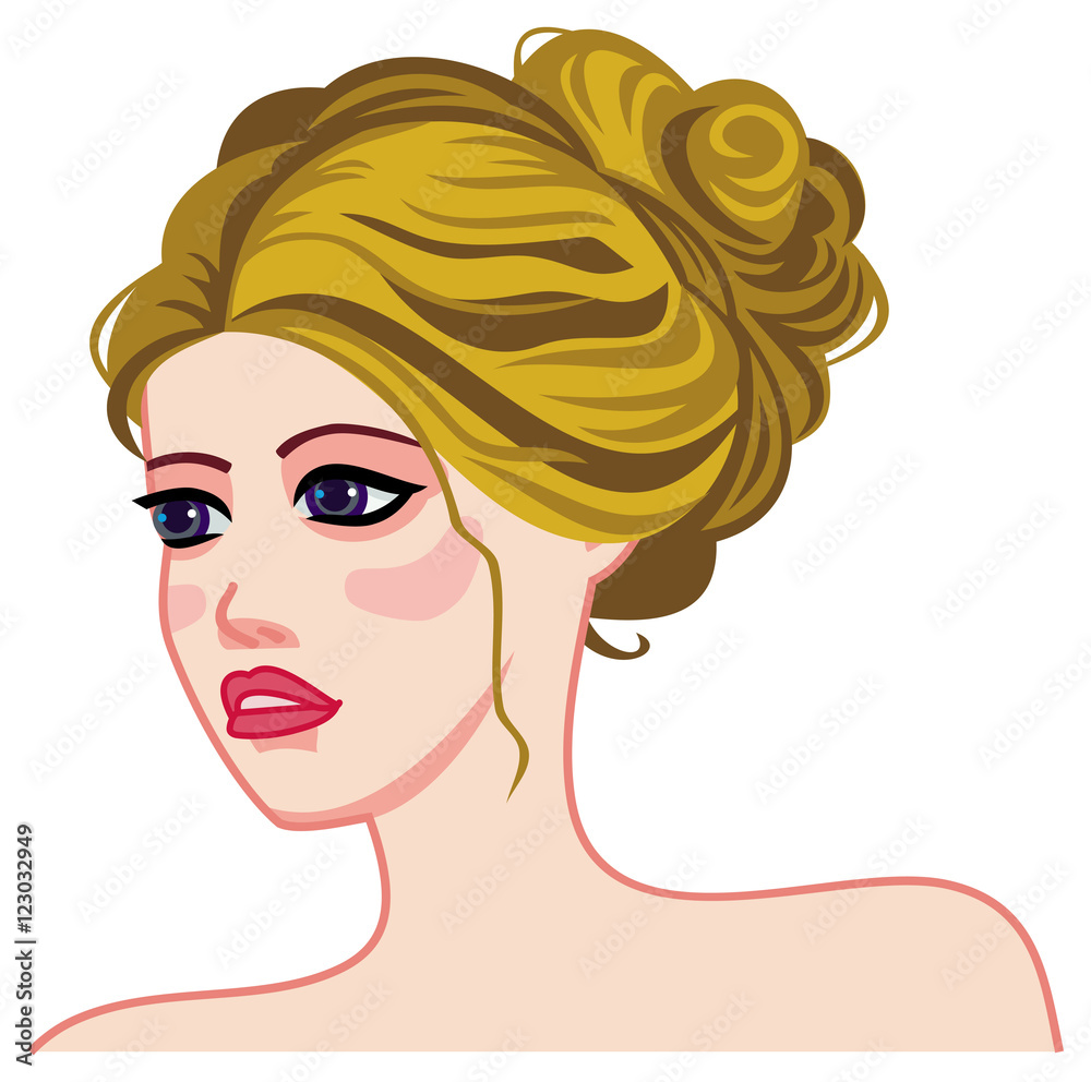 Illustration of a woman with blonde hair in an elegant updo, purple eyes, and red lips, facing left in profile.
