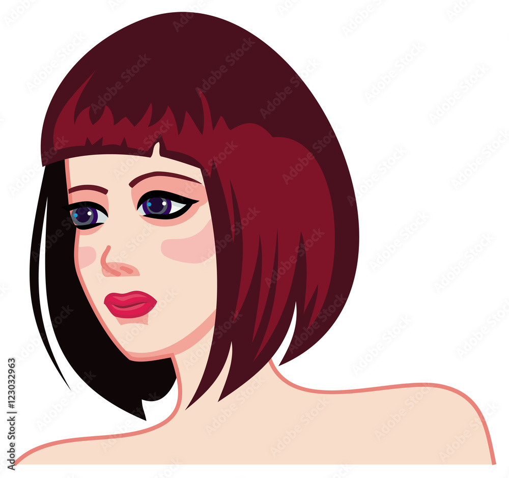 Illustration of a woman with short two-tone red and black bob haircut, purple eyes, and bold makeup.