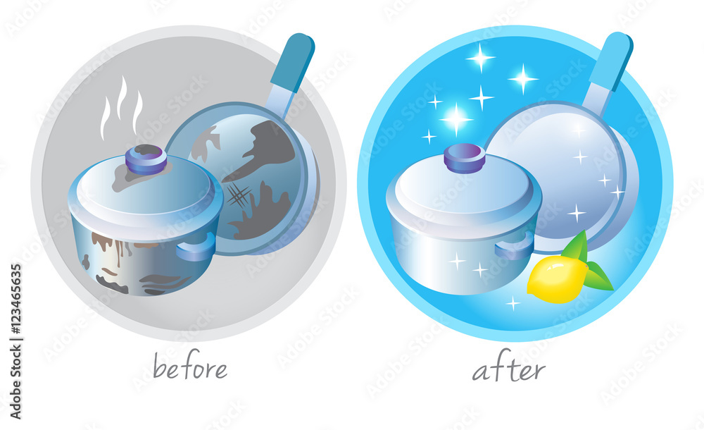 Before-and-after illustration showing dirty cookware cleaned to a sparkling shine with lemon.