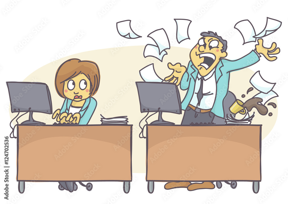 Stressed office worker shouting and throwing papers while colleague looks alarmed at desk with computer.