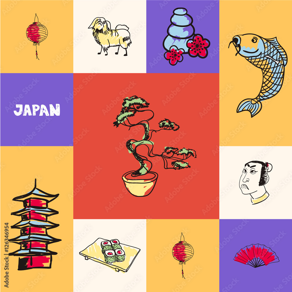 A colorful grid of Japanese cultural icons including bonsai, sushi, lanterns, koi fish, pagoda, fan, and kabuki mask.