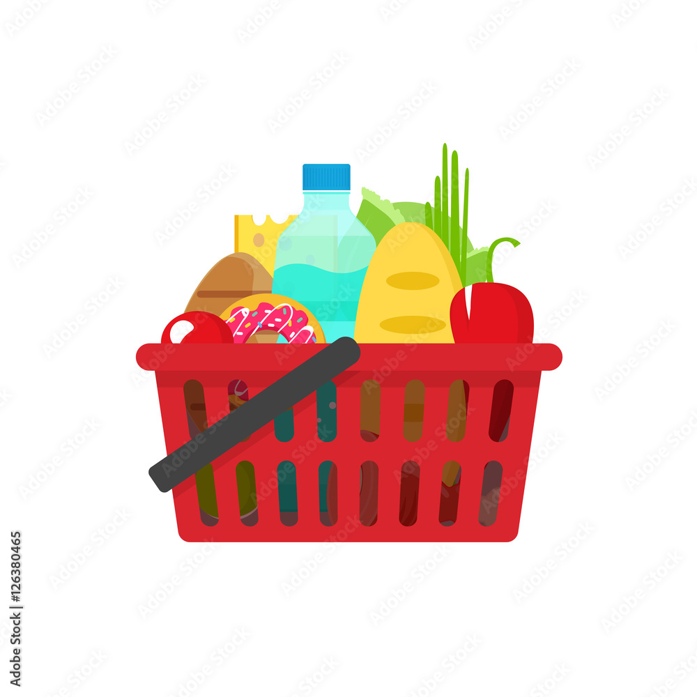 Red shopping basket filled with groceries including bread, water, vegetables, cheese, and donuts.