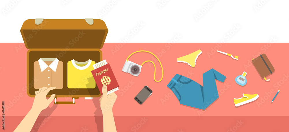 Flat-lay illustration of travel packing essentials including clothes, passport, camera, toiletries, and accessories.