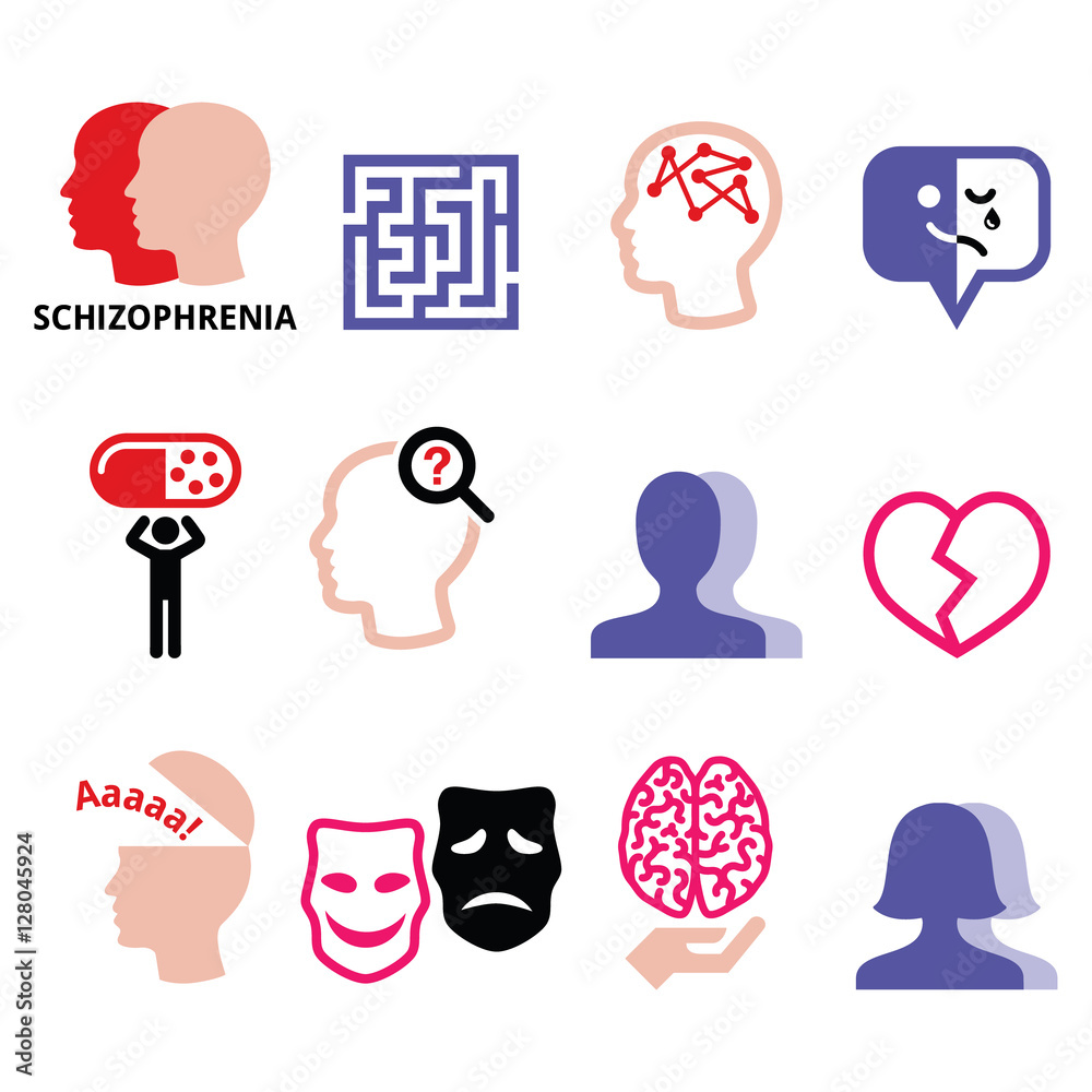 Collection of mental health icons including schizophrenia, brain, maze, masks, broken heart, and medication symbols.