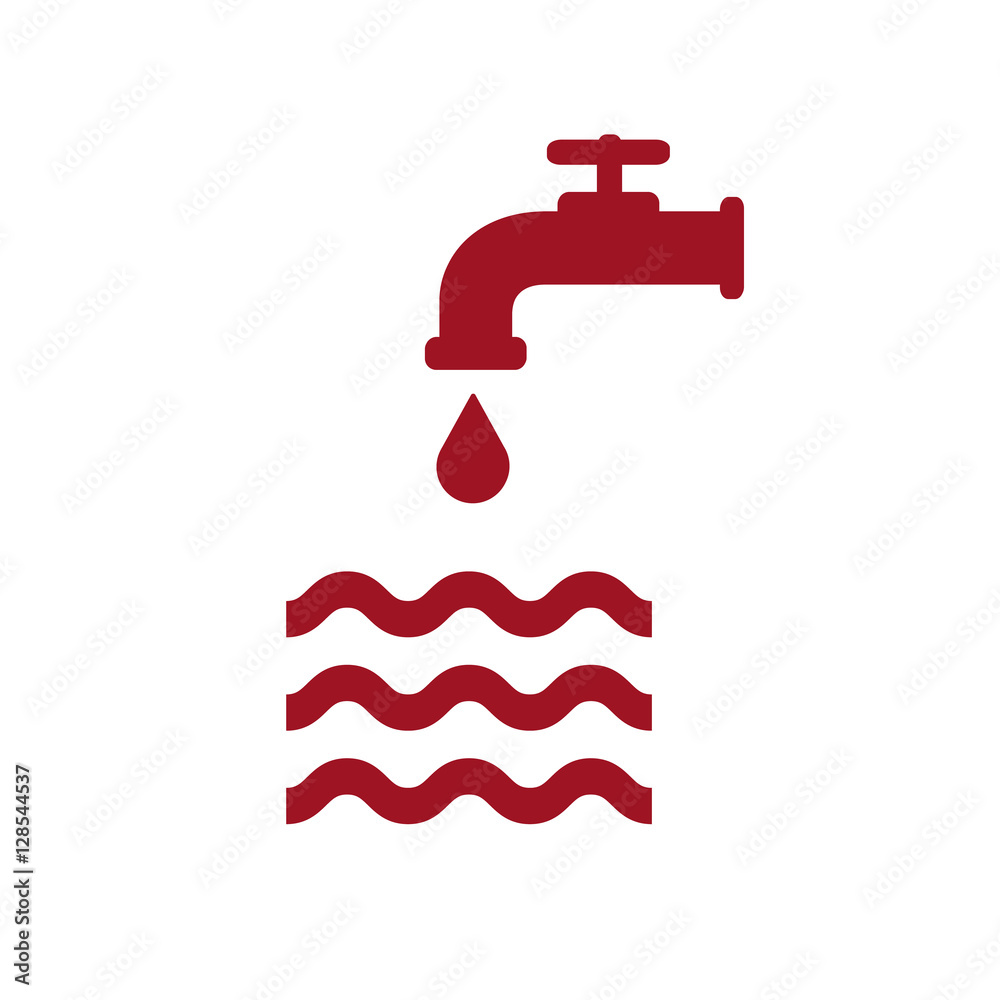 Red faucet dripping water into wavy lines representing a water source or supply system.