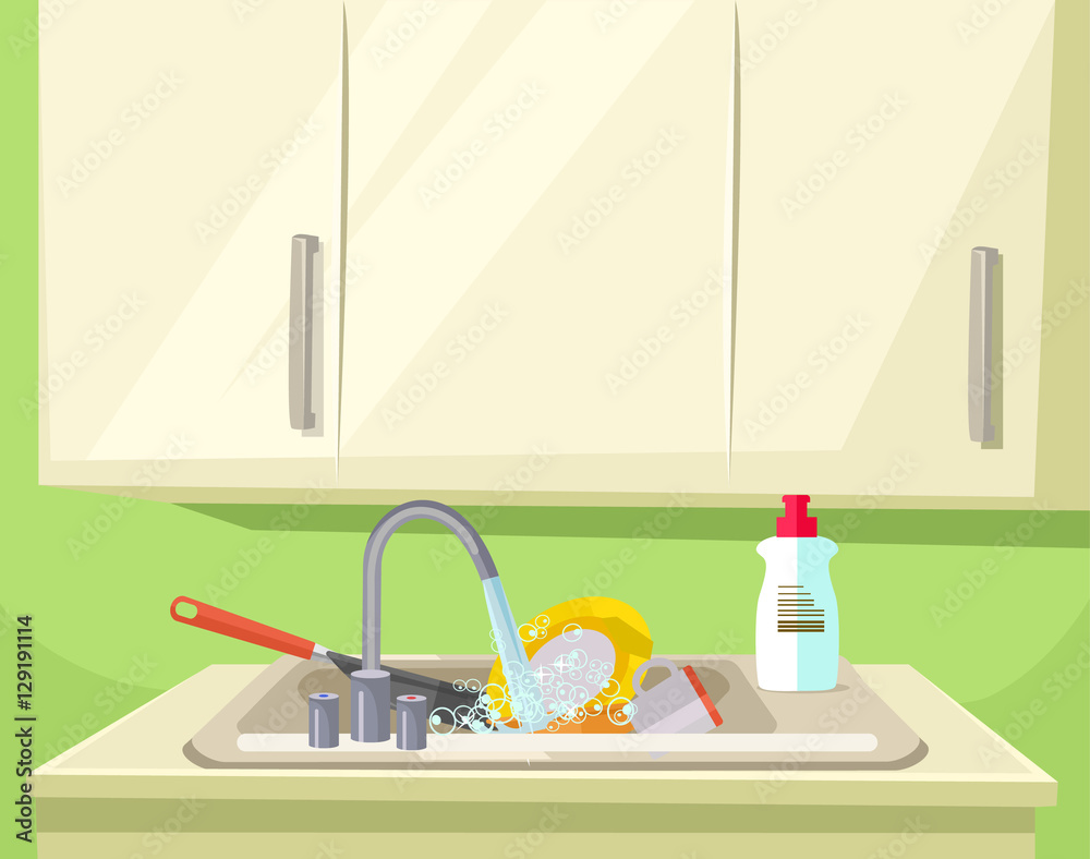 A cluttered kitchen sink with dishes, running water, soap bottle, and cabinets above.